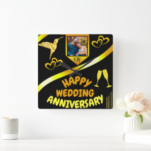 Black & Gold Happy 5th Wedding Anniversary Gift Square Wall Clock