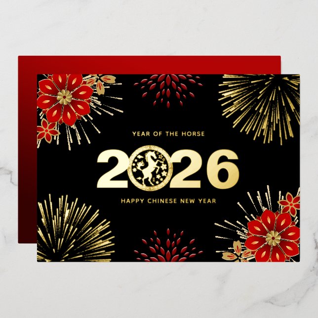 Black Gold Happy Chinese New Year of the Horse Foil Holiday Card (Front/Back)