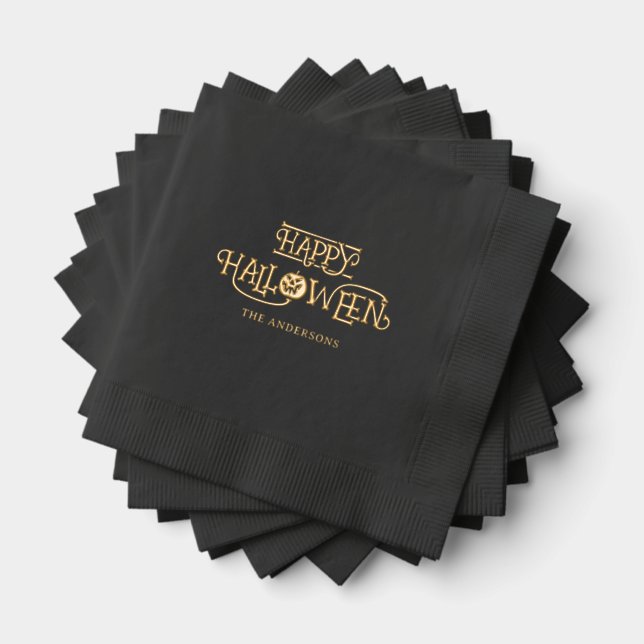 Black Gold Happy Halloween Party Foil Napkins (Insitu (Stacked))