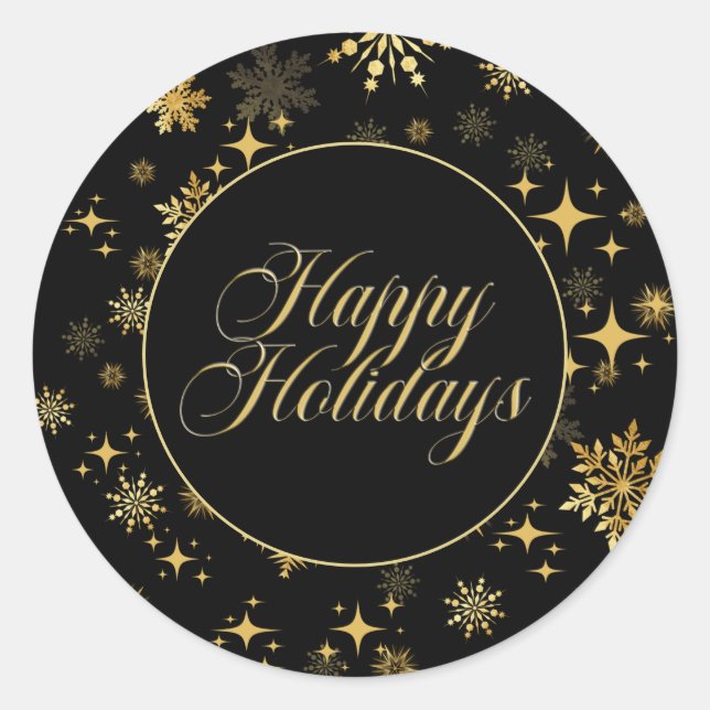 Black Gold Happy Holidays Classic Round Sticker (Front)