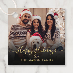 Black Gold Happy Holidays Script Family Photo Favour Tags