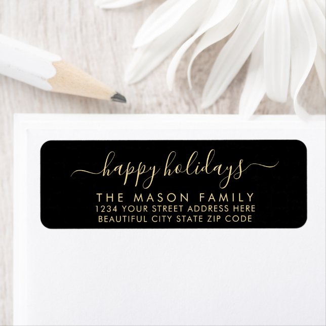  Black Gold Happy Holidays Script Return Address (Insitu)