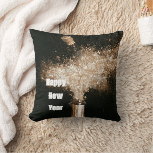 Black Gold Happy New Year Champagne Bottle Cushion