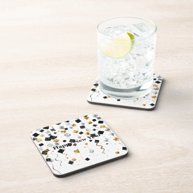 Black Gold Happy New Year Confetti Coaster (Right Side)