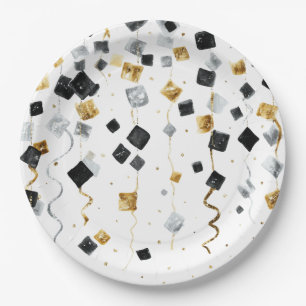 Black Gold Happy New Year Confetti Paper Plate
