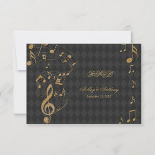 Black Gold Harlequin Music Notes Wedding RSVP card