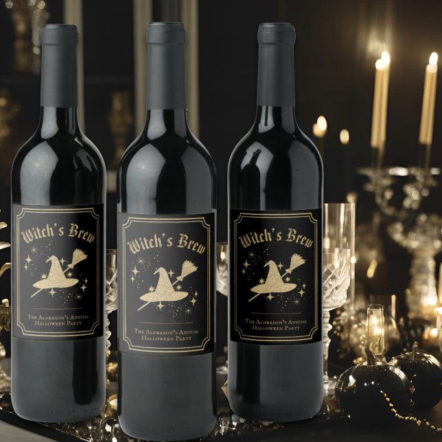 Black Gold Hat & Broom Witchs Brew Halloween Party Wine Label (Creator Uploaded)
