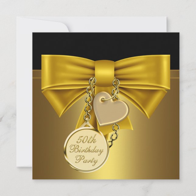 Black Gold Heart Bow Womans 50th Birthday Party Invitation (Front)