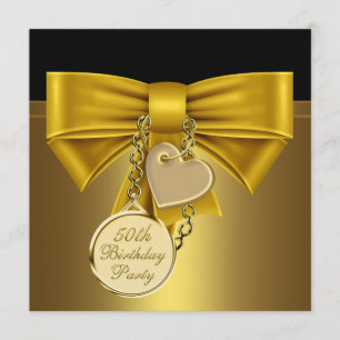 Black Gold Heart Bow Womans 50th Birthday Party Invitation