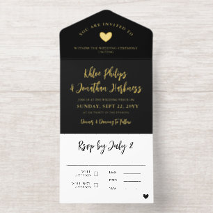 Black Gold Heart Brush Script Informal Wedding All In One Invitation
