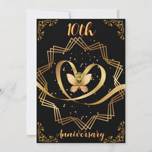  Black & Gold Heart Chic 10th Wedding Anniversary  Invitation (Front)