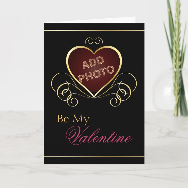 Black Gold Heart Photo Frame Valentine Card (Front)