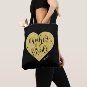 Black gold heart & script mother of the bride tote bag