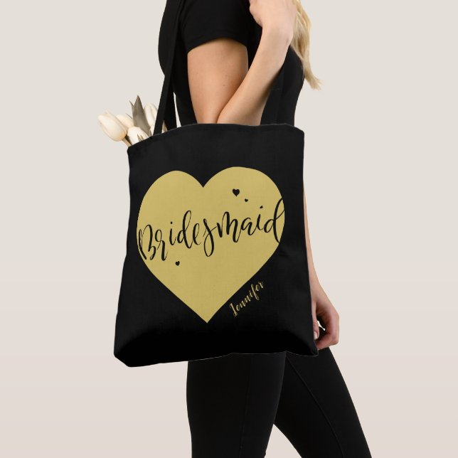 Black gold heart & script personalised bridesmaid tote bag (Close Up)