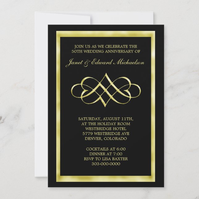 Black Gold Heart Swirl Anniversary Invitation (Front)