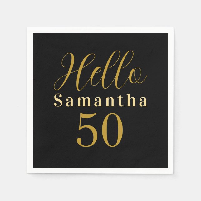 Black Gold Hello 50 Personalized 50th Birthday Napkin (Front)