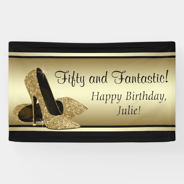 Black Gold High Heel Shoe Birthday Party Banner (Horizontal)