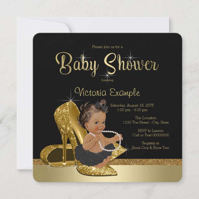 Black Gold High Heel Shoe Ethnic Girl Baby Shower Invitation (Front)