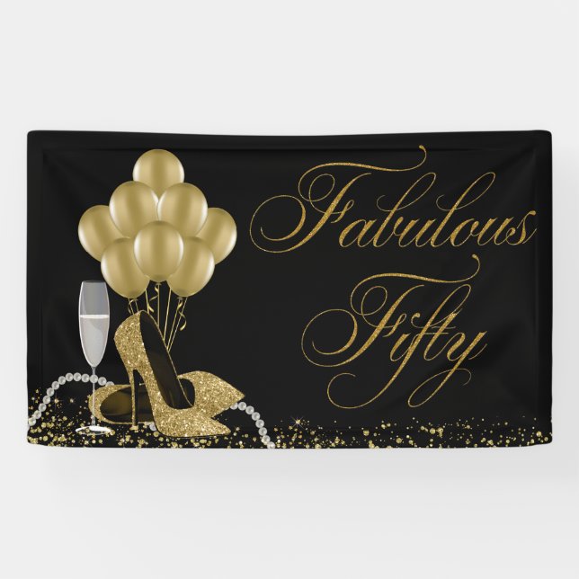 Black Gold High Heel Shoe Pearls 50th Birthday Banner (Horizontal)