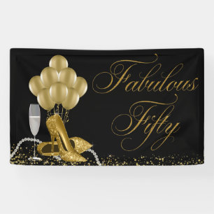 Black Gold High Heel Shoe Pearls 50th Birthday Banner