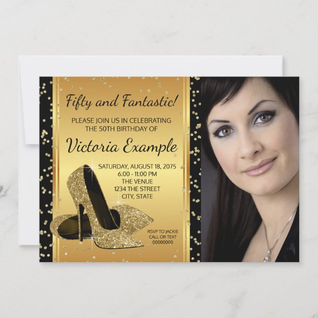 Black Gold High Heel Shoes Birthday Party Invitation (Front)