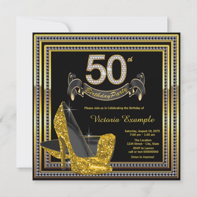 Black Gold High Heels Womans 50th Birthday Party Invitation (Front)