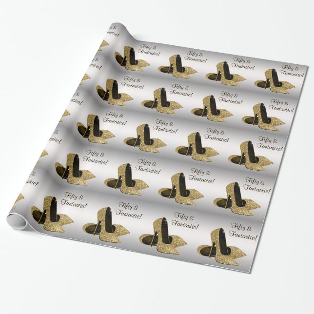 Black Gold High Heels Womans 50th Birthday Party Wrapping Paper (Unrolled)