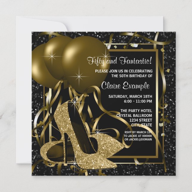 Black Gold High Heels Womans Birthday Party Invitation (Front)