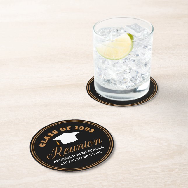 Black Gold High School Reunion Personalised Party Round Paper Coaster (Insitu)