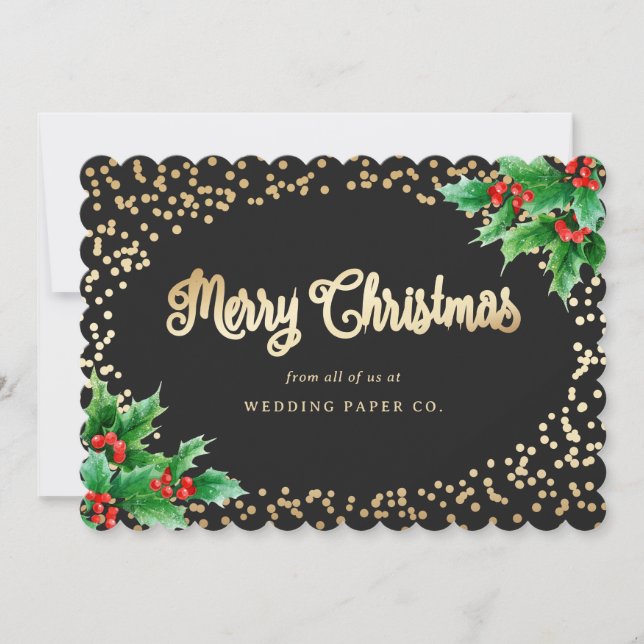 Black Gold Holly Berries Business Christmas Cards (Front)