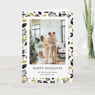 Black Gold Holly Berries Photo Holiday Card