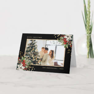 Black Gold Holly Berries Poinsettia Photo Holiday Card