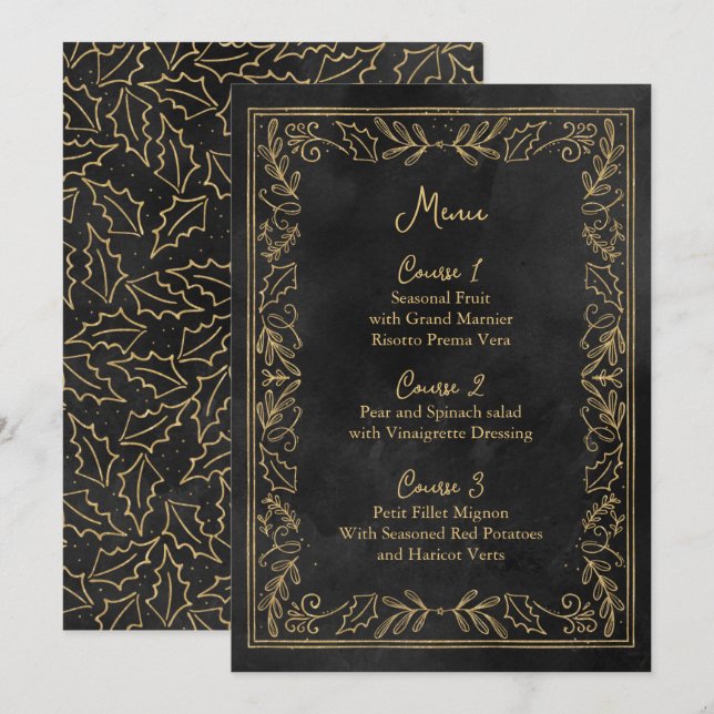 Black Gold Holly Berry Christmas Wedding Menu (Front/Back)