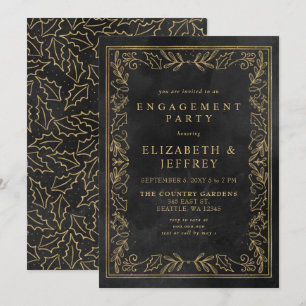 Black Gold Holly Christmas Engagement Party Invitation