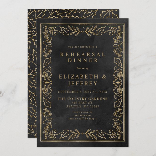 Black Gold Holly Christmas Rehearsal Dinner Invitation (Front/Back)