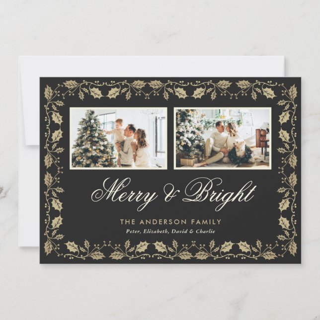 Black Gold Holly Merry and Bright Photo Holiday Card (Front)