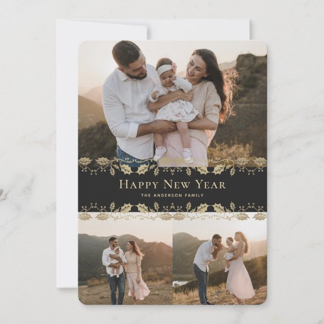 Black Gold Holly Photo Happy New Year Card (Front)