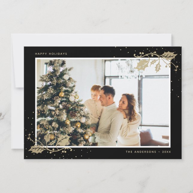 Black Gold Holly Snowflakes Photo Christmas Holiday Card (Front)