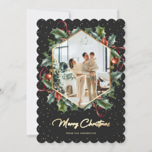 Black Gold Holly Wreath Photo Merry Christmas Card
