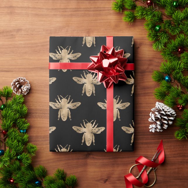 Black & Gold Honey Bee Gothic Gift Wrap (Holiday Gift)