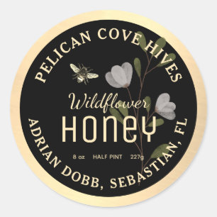 Black Gold Honey Label Watercolor Flower Bee