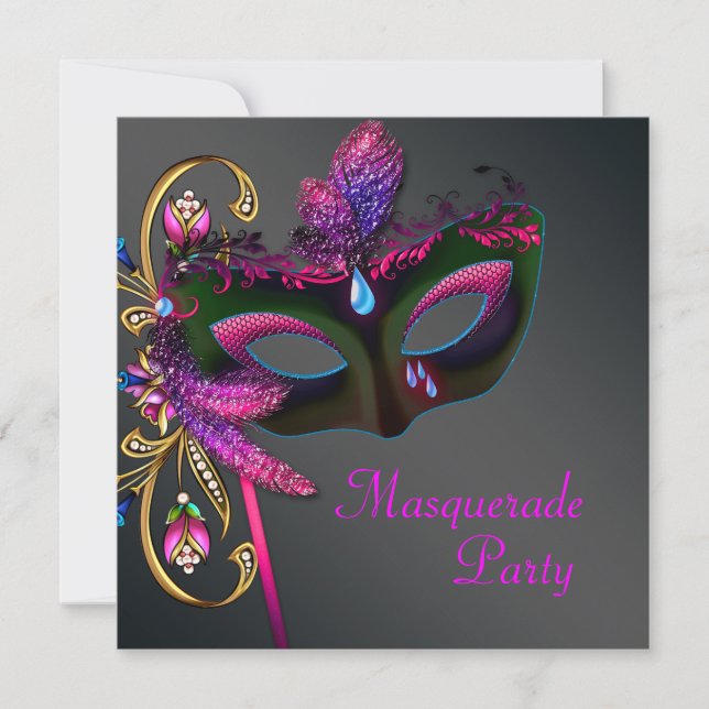Black Gold Hot Pink Masquerade Party Invitation (Front)