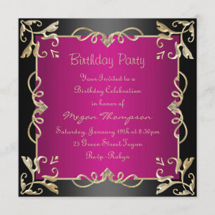 Black/Gold & Hot Pink Swirl Birthday Invitation