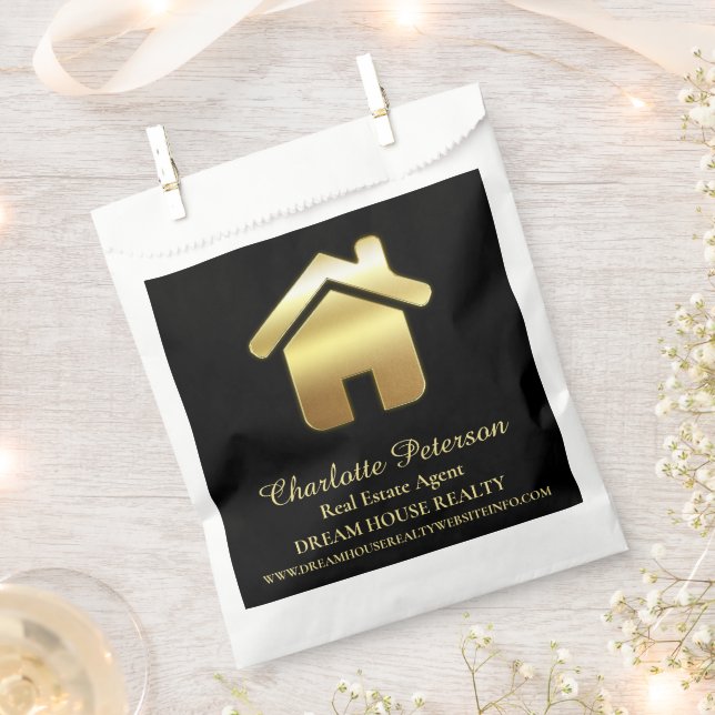 Black & Gold House Real Estate Agent Realtor  Favour Bags (Clipped)