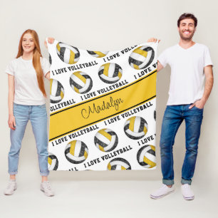 black gold I love volleyball text pattern Fleece Blanket