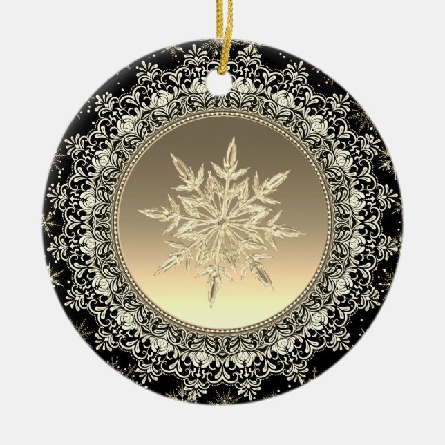 Black & Gold Ice Snowflake Ceramic Tree Decoration (Front)