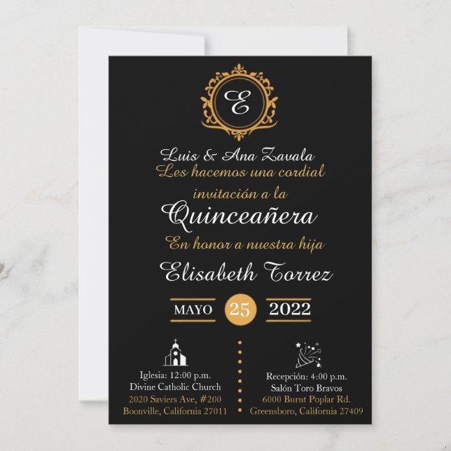 Black gold invitations for quinceañ was elegant (Front)