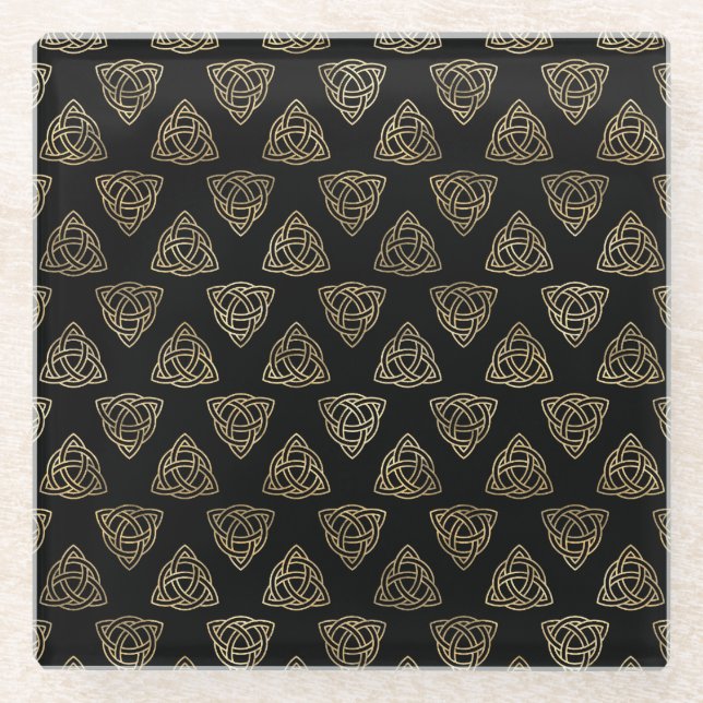 BLACK & GOLD IRISH CELTIC KNOTS & CROSSES GLASS COASTER (Front)