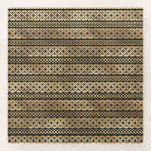 BLACK & GOLD IRISH CELTIC KNOTS & CROSSES GLASS COASTER