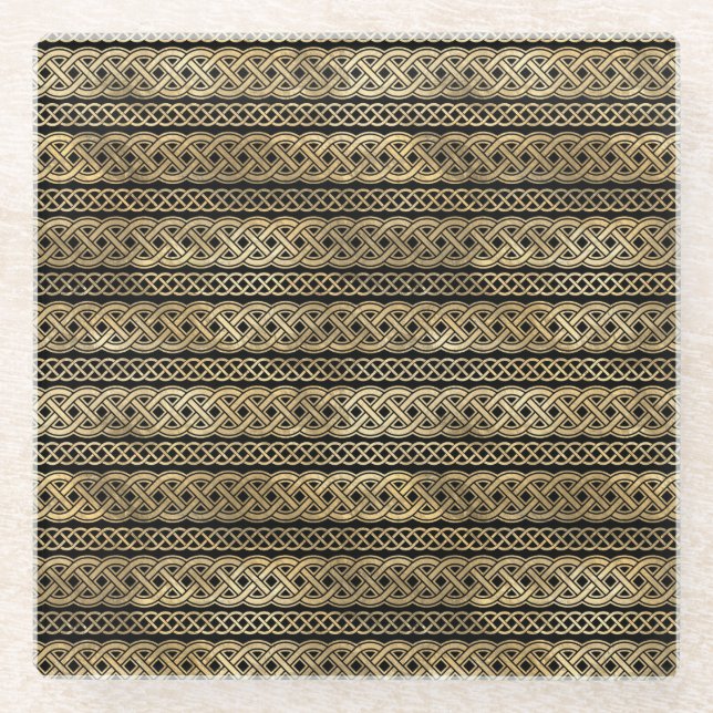 BLACK & GOLD IRISH CELTIC KNOTS & CROSSES GLASS COASTER (Front)